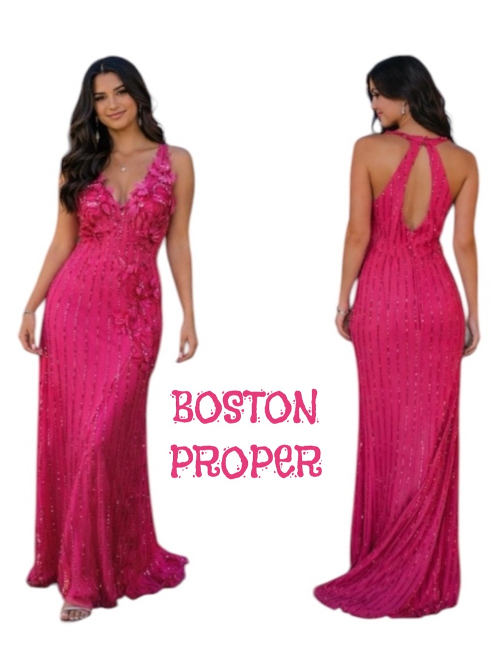 Hot Pink Floral Sequined Prom Gown